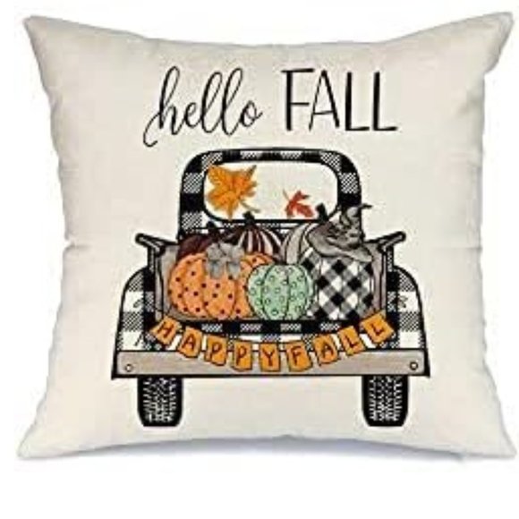 NEW LINEN BLEND HELLO FALL VINTAGE TRUCK BUFFALO CHECK DECORATIVE PILLOW COVER - Picture 1 of 4